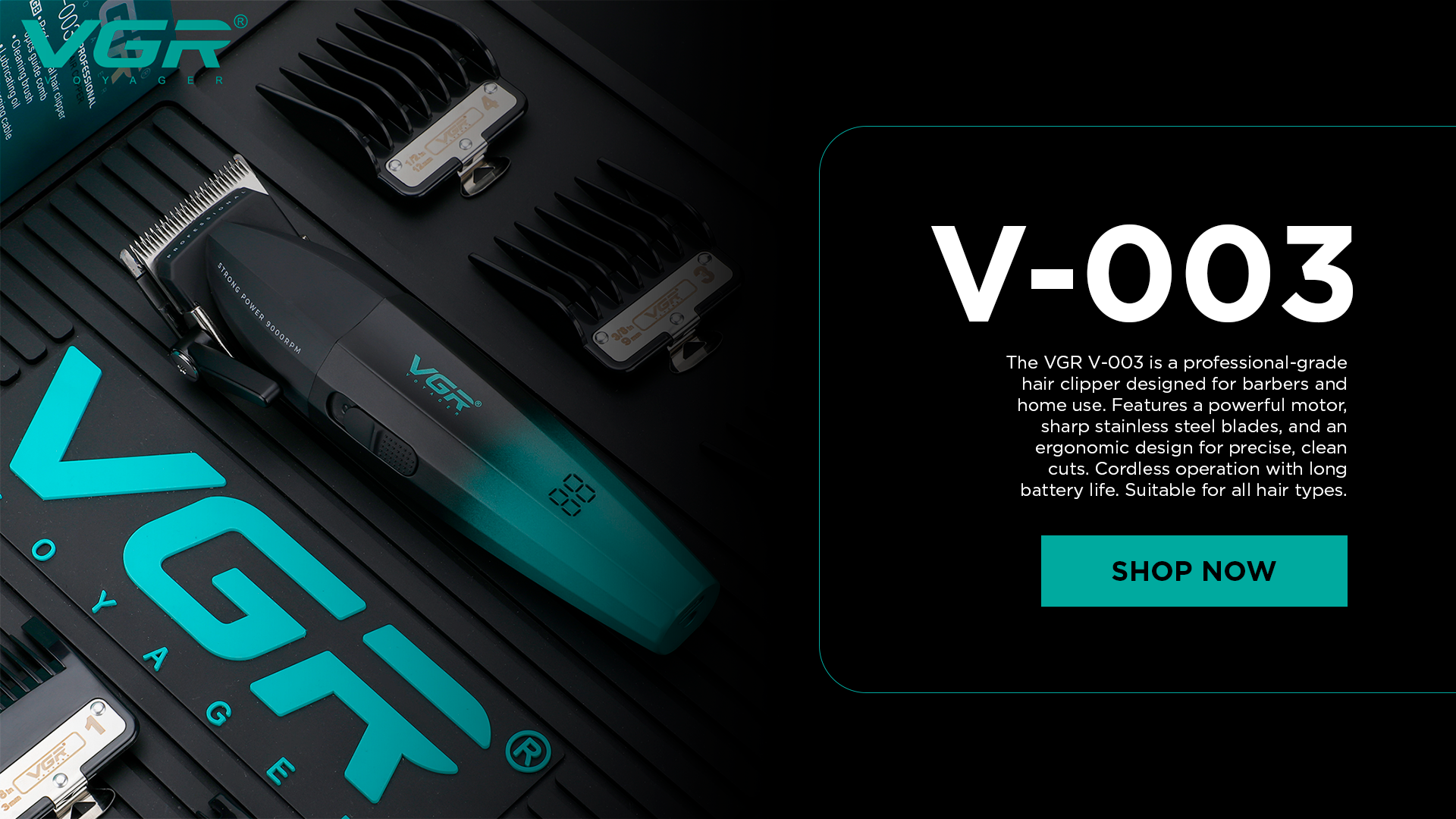 VGR hair clipper set with 'V-003' model details on a black background
